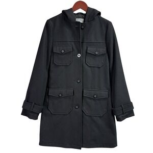 Vintage Wool Blend Pea Coat Black Hood Button‎ Up Old Navy Womens Small Y2K